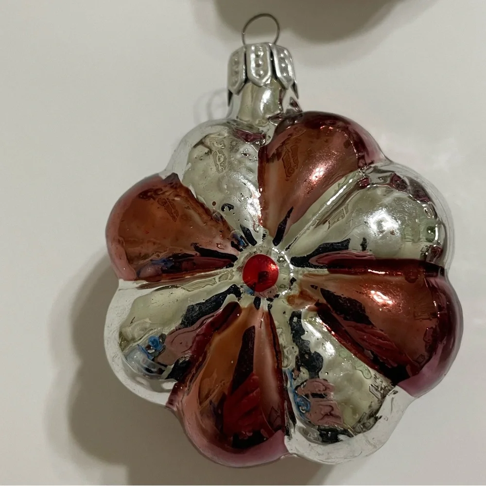 Vintage Set/10 mcm hand blown mercury glass silver red flower ornaments